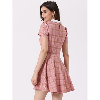 Women's Peter Pan Collar Puffy Sleeves Above Knee Plaid Grid Dress
