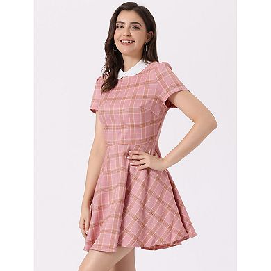Women's Peter Pan Collar Puffy Sleeves Above Knee Plaid Grid Dress