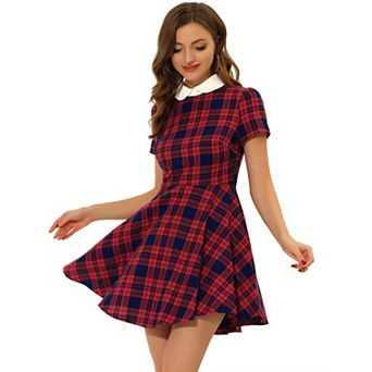Women's Peter Pan Collar Puffy Sleeves Above Knee Plaid Grid Dress