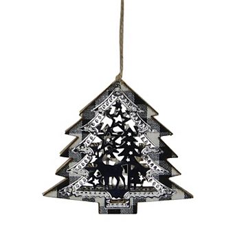 4.25 Black and White Plaid Tree with Reindeer Christmas Ornament