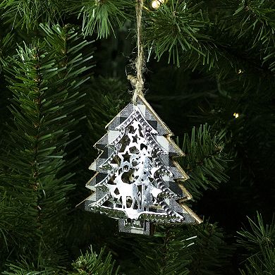 4.25 Black and White Plaid Tree with Reindeer Christmas Ornament
