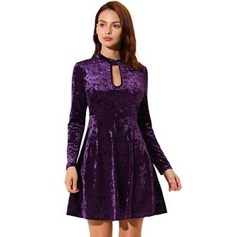 Women's Prom Choker Neck High Waist Long Sleeve Velvet Mini Dress