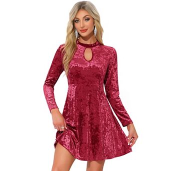 Women's Prom Choker Neck High Waist Long Sleeve Velvet Mini Dress