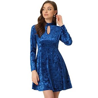 Women's Prom Choker Neck High Waist Long Sleeve Velvet Mini Dress