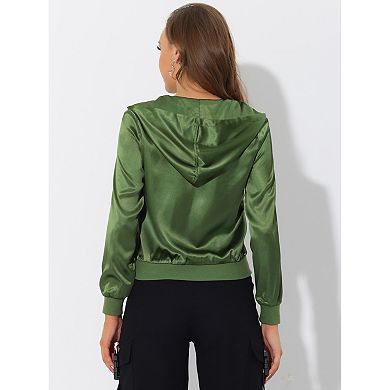 Women's Sparkle Holographic Shimmering Metallic Zipper Hood Shiny Bomber Jacket