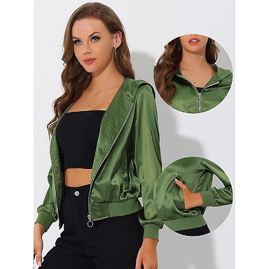 Women's Sparkle Holographic Shimmering Metallic Zipper Hood Shiny Bomber Jacket