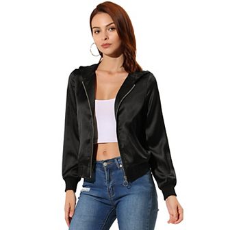 Women's Sparkle Holographic Shimmering Metallic Zipper Hood Shiny Bomber Jacket