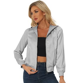 Women's Sparkle Holographic Shimmering Metallic Zipper Hood Shiny Bomber Jacket
