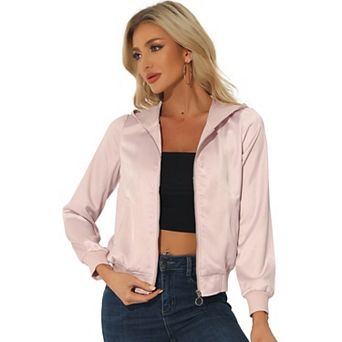 Women's Sparkle Holographic Shimmering Metallic Zipper Hood Shiny Bomber Jacket