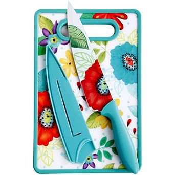 Studio California Jordana 3 pc Cutlery Knife and Cutting Board Set in Turquoise Floral Pattern