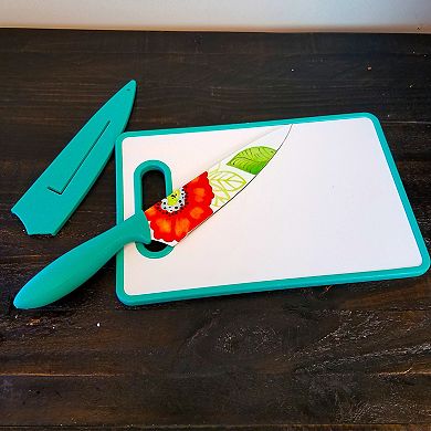 Studio California Jordana 3 Piece Cutlery Knife and Cutting Board Set in Turquoise Floral Pattern