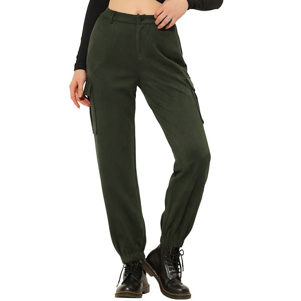 Women's Suede Elastic High Waist Ankle Length Cargo Pants with Pockets