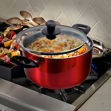 Oster Cocina Merrion 6 Quart Nonstick Aluminum Dutch Oven with Glass Lid in Red