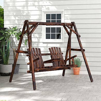 Outsunny Wooden Porch Swing with Stand with Center Table Patio Swing Chair