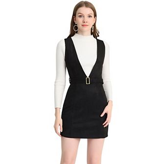 Women's Overalls Suspenders Belted V Neck Faux Suede Pinafore Dress