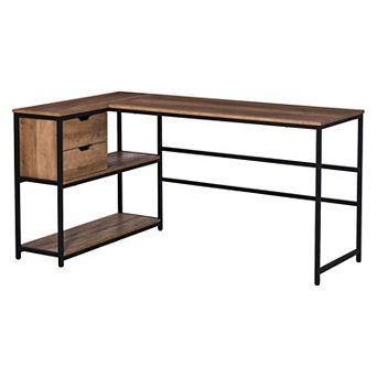 L-shaped Industrial Style Pc Desk Table With 2 Drawers And Open Bookcase