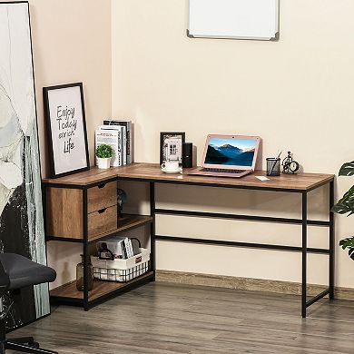 L-shaped Industrial Style Pc Desk Table With 2 Drawers And Open Bookcase