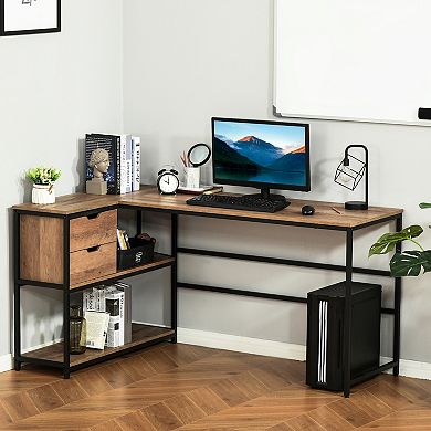 L-shaped Industrial Style Pc Desk Table With 2 Drawers And Open Bookcase