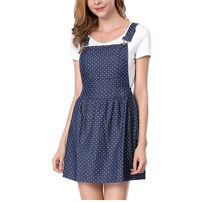 Unique Bargains Women's Dots Pattern Overall Dress L Dark Blue
