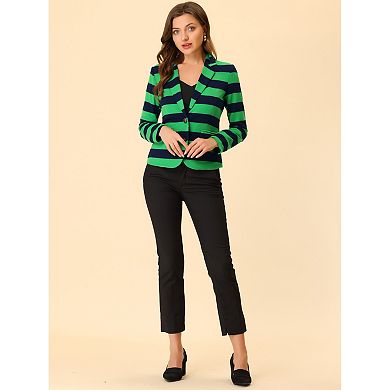 Women's Notched Lapel Long Sleeves Button Striped Blazer