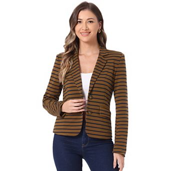Women's Notched Lapel Long Sleeves Button Striped Blazer