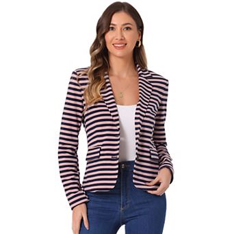 Women's Notched Lapel Long Sleeves Button Striped Blazer