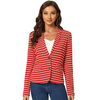 Women's Notched Lapel Long Sleeves Button Striped Blazer