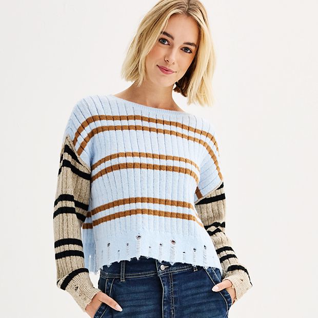 Juniors' SO® Cropped Open-Stitch Hem Crewneck Sweater