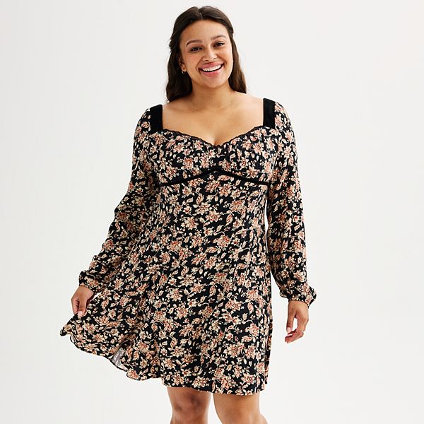 Juniors' Plus Size SO® Velvet Trim Floral A-Line Mini Dress