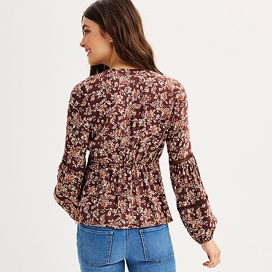 Solid embroidered floral applique short bubble sleeve babydoll top main image 0