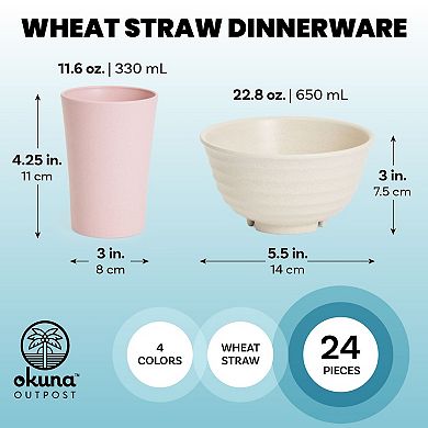 Wheat Straw Dinnerware Set for 4, Cups, Plates, Bowls, Cutlery (28 Piece Set)