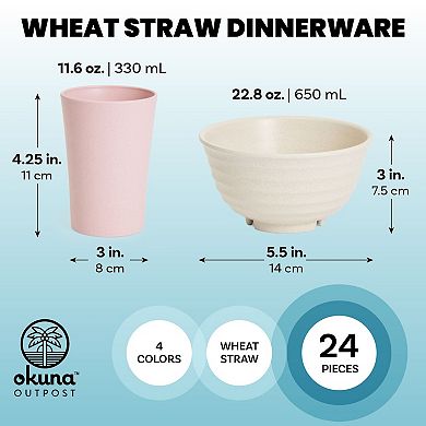 Wheat Straw Dinnerware Set for 4, Cups, Plates, Bowls, Cutlery, Utensil Holders (28 Piece Set)