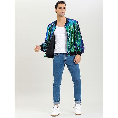 Men's Long Sleeve Zipper Glitter Bomber Jacket Coats