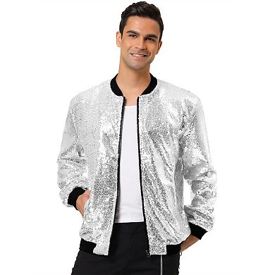 Men's Long Sleeve Zipper Glitter Bomber Jacket Coats