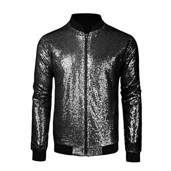 Men's Long Sleeve Zipper Glitter Bomber Jacket Coats