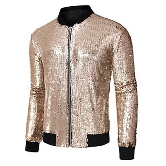 Men's Long Sleeve Zipper Glitter Bomber Jacket Coats