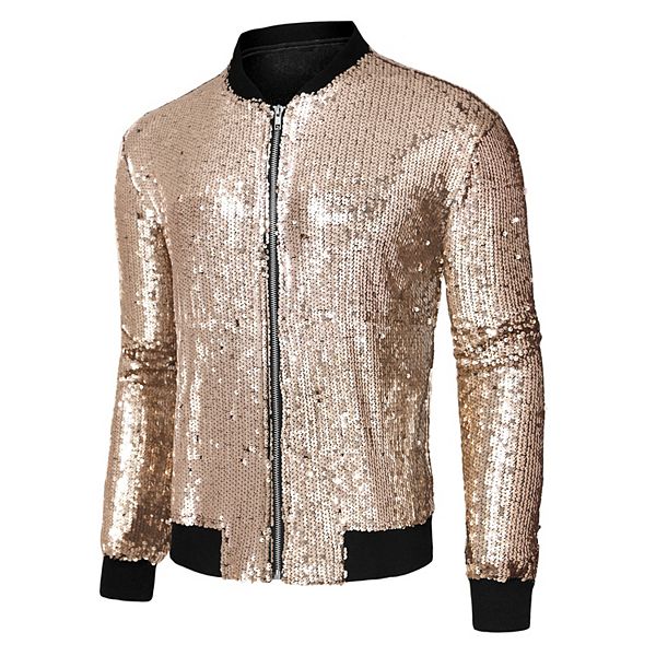 Men's Long Sleeve Zipper Glitter Bomber Jacket Coats