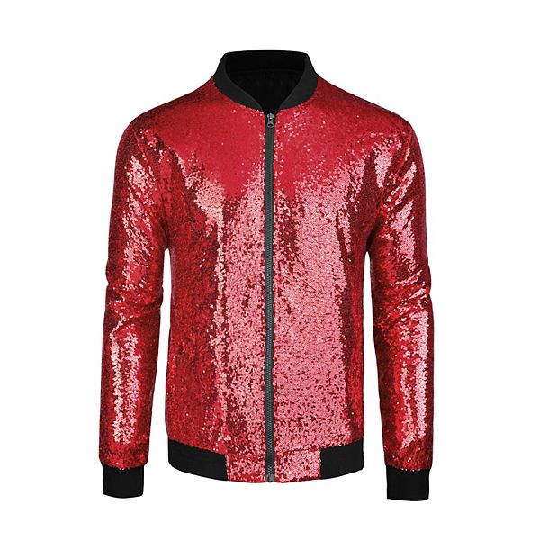 Men's Long Sleeve Zipper Glitter Bomber Jacket Coats