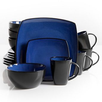 Gibson Soho Lounge 16 pc Square Stoneware Dinnerware Set in Blue and Black