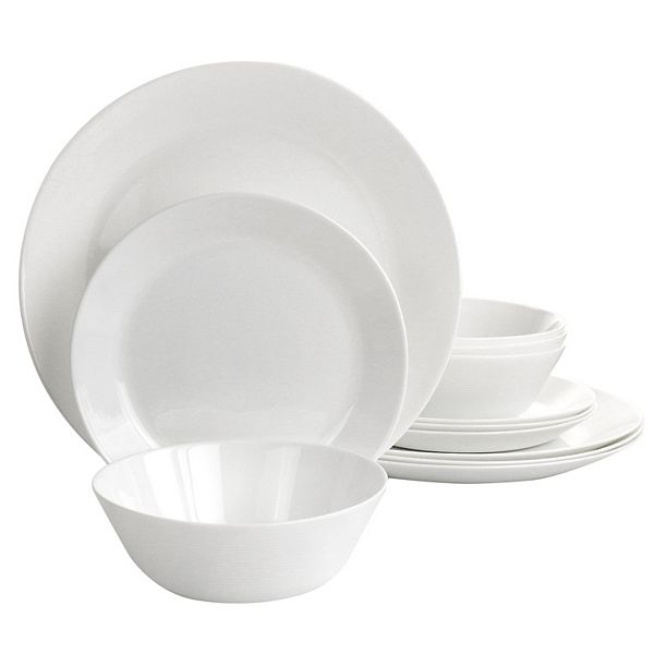 Gibson Ultra Courtyard 12 Piece Tempered Opal Glass Dinnerware Set in White