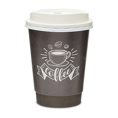 50 Pack Disposable 12 oz Coffee Cups with Lids, Stir Straws, Napkins, Black