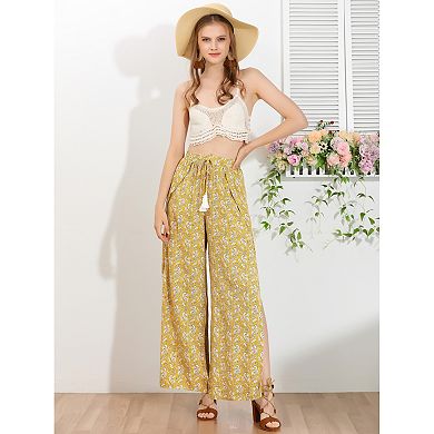 Women's Boho Tassel Drawstring High Split Paisley Wide Leg Pants