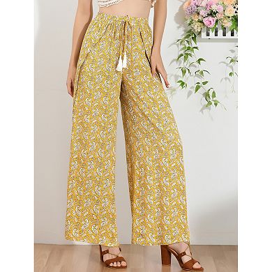 Women's Boho Tassel Drawstring High Split Paisley Wide Leg Pants