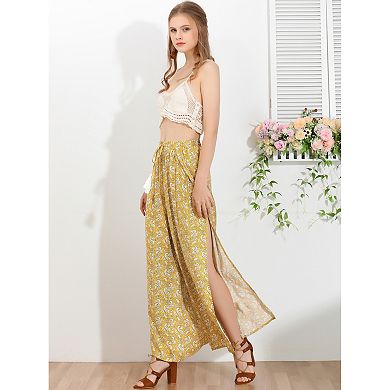 Women's Boho Tassel Drawstring High Split Paisley Wide Leg Pants