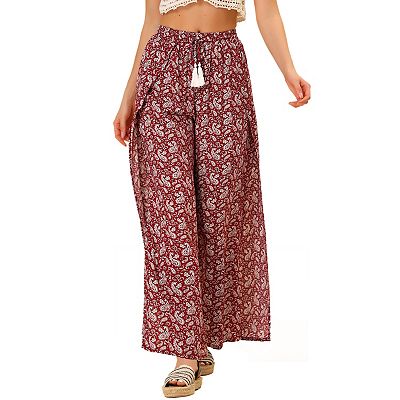 Women s Boho Tassel Drawstring High Split Paisley Wide Leg Pants