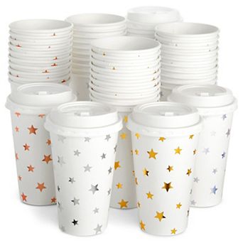 48 pc Disposable Hot Coffee Cups with Lids, 4 Assorted Foil Star Designs, 16 oz