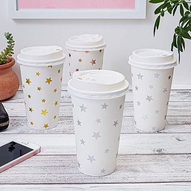 48-Pack Insulated Disposable Paper Hot Coffee Cups with Lids with 4 Assorted Foil Star Designs for Birthday Party Supplies, Wedding Receptions, Baby Shower (16 oz)