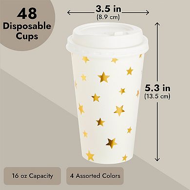 48 Pck Disposable Hot Coffee Cups with Lids, 4 Assorted Foil Star Designs, 16 oz