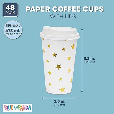 48 Pck Disposable Hot Coffee Cups with Lids, 4 Assorted Foil Star Designs, 16 oz