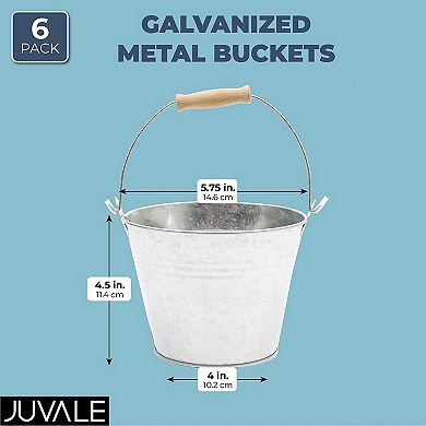 Galvanized Metal Buckets with Wooden Handles for Decoration (4.5 in, 6 Pack)